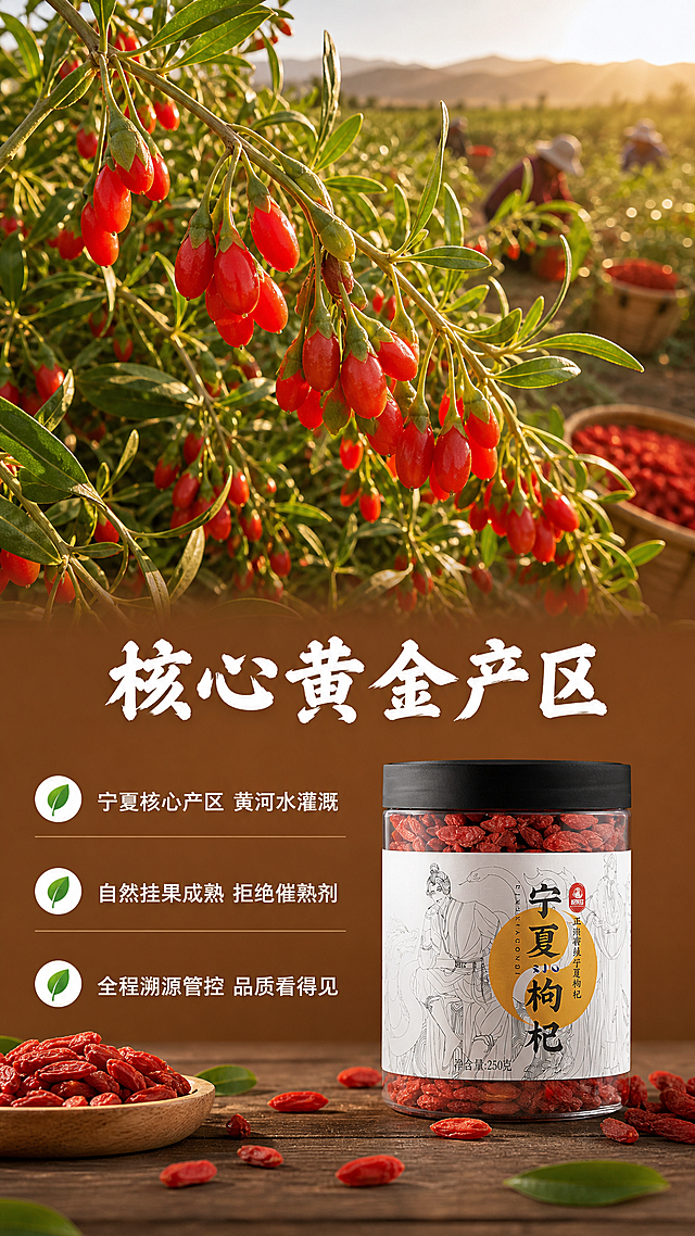 [第2屏] 核心产地优势展示-宁夏黄金产区直采。
[氛围/风格] 自然新鲜风格，暖棕红色调，阳光充足的田间氛围，真实摄影质感。
[元素布局] 上半部分展示新鲜枸杞挂满枝头的丰收场景，占据画面50%区域，保持枸杞果实鲜红、枝叶翠绿的自然色彩。下半部分左侧是卖点文案区域，右侧放罐装产品缩小展示，保持包装和产品和原图一致。前景散落一些自然枸杞作为点缀，整体分层清晰，信息饱满，无边框满铺。
[光影质感] 暖金色的日光从上方照射，营造出充足日照的氛围，整体明亮自然，色彩饱和度适中，果实清晰。
[配色色系] 全局底色：#8B5A2B（暖棕色）；主体配色：#DC143C（枸杞红）+#228B22（枝叶绿）；辅助色：#FFFFFF（标题白）。
[视角构图] 俯视结合平视，上方是产地实景，下方是文案和产品，构图上下分栏，层次分明。
[文字版式] 顶部大标题「核心黄金产区」白色粗体，居中，字号为画面宽度7%。下方分三个卖点：
1. 「宁夏核心产区 黄河水灌溉」
2. 「自然挂果成熟 拒绝催熟剂」
3. 「全程溯源管控 品质看得见」
每个卖点配小圆形绿叶图标，左对齐排列，字体采用温润书法风格标题+无衬线正文，仅使用白色一种字色，纯色填充，排版清晰，手机端清晰可读。
[比例分辨率] 9:16 竖版比例，2k 分辨率，文字清晰可辨，超高清。
[负向提示词] 果实变形，文字错乱，颜色偏色，水印，背景杂乱，过度渲染。