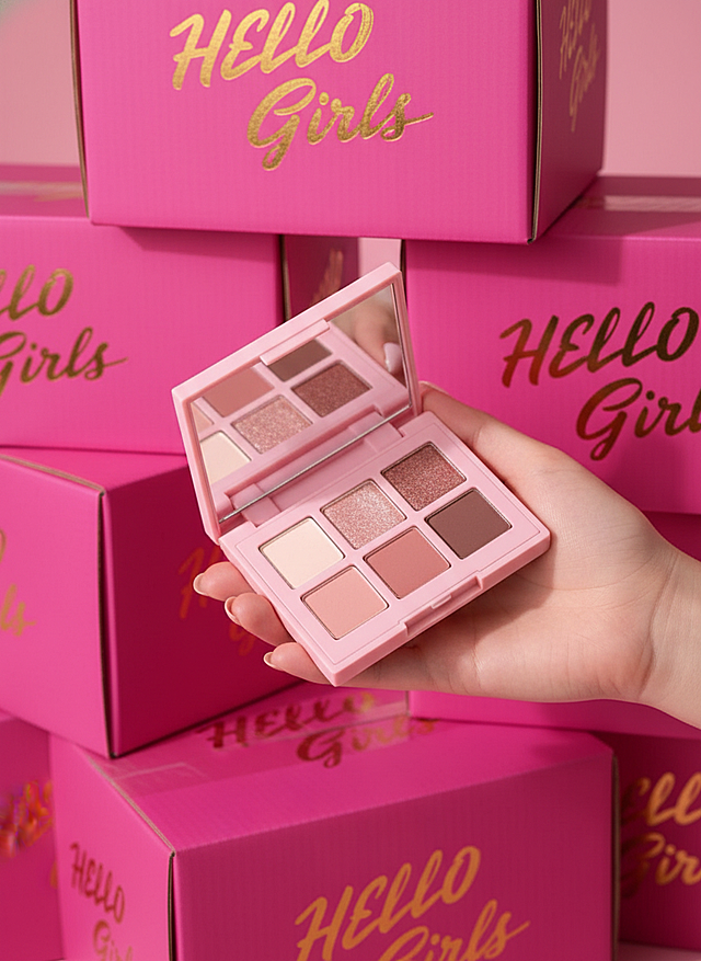 粉色系双色设计风眼影盘，融合鎏金文字与轻拟物造型，甜蜜可爱中透出时尚潮流感，印刷风包装呼应节日氛围。