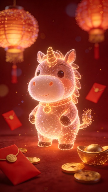 模糊的粒子效果，发光的光粒子组成了一个圆润可爱的马的形象，周围环绕着朦胧的灯笼、粒子形状的红信封、金锭、金币、深红色的背景、梦幻般的发光效果、柔和的光线、喜庆的氛围、高细节、清晰的构图。预览效果