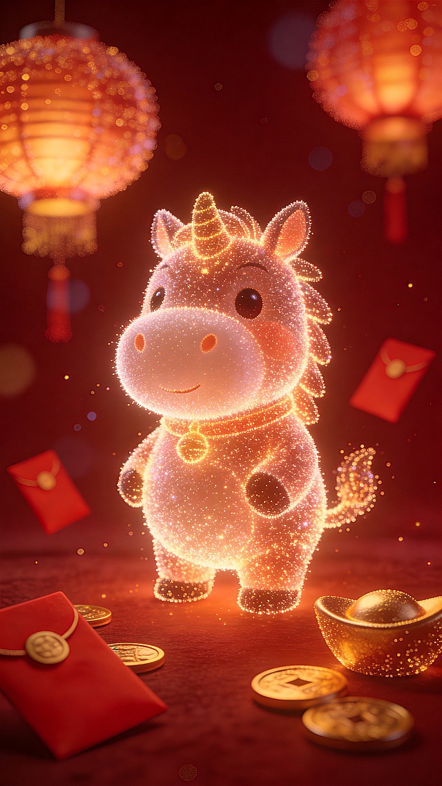 模糊的粒子效果，发光的光粒子组成了一个圆润可爱的马的形象，周围环绕着朦胧的灯笼、粒子形状的红信封、金锭、金币、深红色的背景、梦幻般的发光效果、柔和的光线、喜庆的氛围、高细节、清晰的构图。