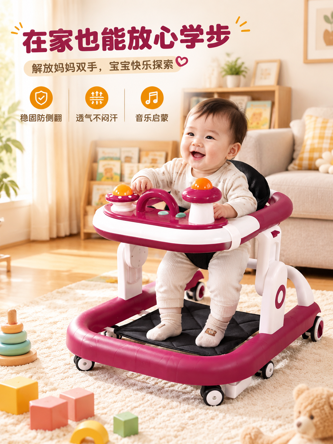 [商品] 使用【图1】玫红色多功能婴儿学步车；保留U型底座、网… - 图片创意预览