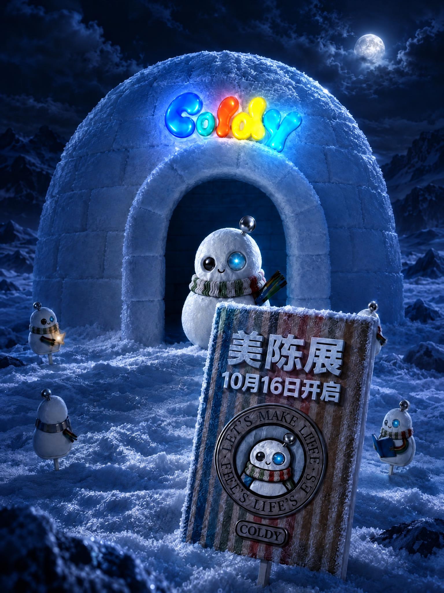 将冰屋上方的Coldy彩色logo字母提亮，使其在暗黑环境中更… - 图片创意预览