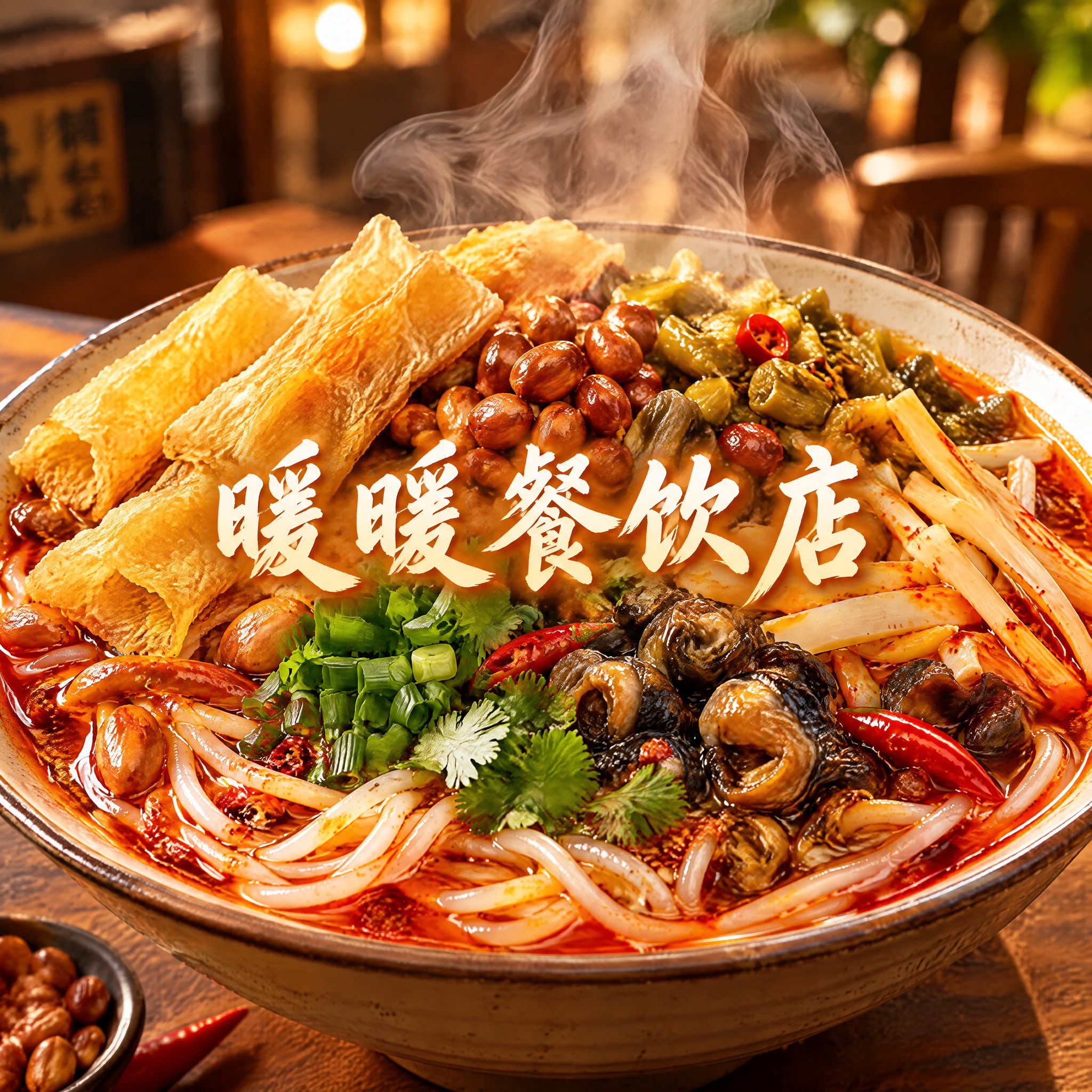 暖暖餐饮店头像设计，一碗诱人的螺蛳粉特写，酸笋、花生、腐竹、螺… - 图片创意预览