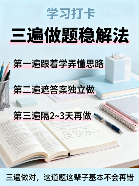 学习打卡海报，清新简约风格，主标题是大字“三遍做题稳解法”，下方分三点列出方法：第一遍跟着学弄懂思路，第二遍遮答案独立做，第三遍隔2~3天再做，底部配小字标语“三遍做对，这道题这辈子基本不会再错”，背预览效果