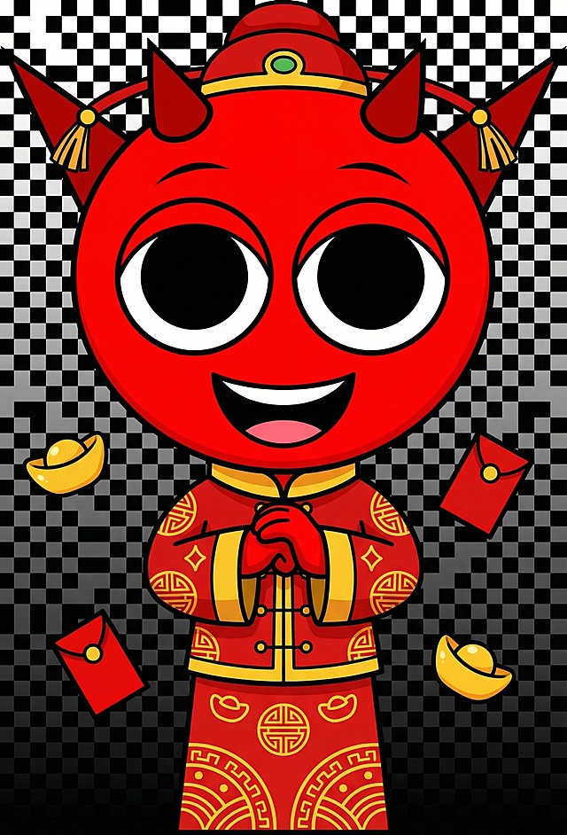 不改变原图的大小，帮我改成卡通拜年人物形象，整体的颜色不要差太多，人物头像不要有太大变化，微笑，透明背景