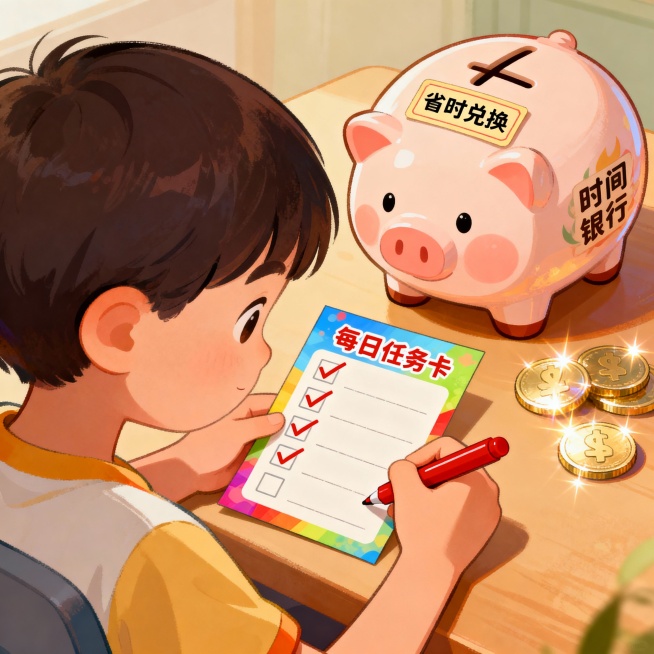 孩子拿着“每日任务卡”打钩，背景是“时间银行”存钱罐，存钱罐标签“省时兑换”；预览效果