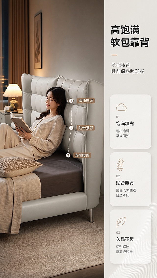 [商品] 使用【图1】M2527肌肉床；保留浅灰色分段饱满床头软包、低床架、金属高脚、整体比例和结构；修复增强：软包饱满度强化，面料纹理清晰，金属脚质感提亮，不改变产品结构和颜色。
[画面] 目标：靠背承托功能页，展示高饱满软包靠背的舒适体验。构图：右文左景竖版布局，左侧为人物倚靠床头的生活场景，右侧约1/4为文案区。人物：亚洲年轻女性，穿着休闲家居服，半躺倚靠在床头上，手持书本，姿态放松自然。产品角度：床侧面45度角，展示靠背与人腰背的贴合状态。前中后景：前景床品+抱枕，中景人物+床主体，后景卧室背景+暖光台灯。场景：温馨卧室傍晚氛围，暖黄色台灯光线，营造舒适放松的睡前场景。
[视觉] 套系策略：风格=现代轻奢高级家居商业摄影；标题字=现代无衬线粗黑体；正文字=简洁无衬线体；主色=暖白+浅灰+奶茶杏；背景延展=基于暖白和浅灰做深浅层级、同色渐变和细腻墙面/织物质感；强调色=奶茶棕，仅用于小面积图标、引线和标签；标题色=深炭灰；正文色=中暖灰；组件=圆角浅底信息卡、细线引线、圆形序号标；光影=暖黄侧光+环境漫反射，柔和温馨。
[文字] 右侧文案区：主标题「高饱满软包靠背」，副标题「承托腰背 睡前倚靠超舒服」，下方3个卖点：「饱满填充」「贴合腰背」「久靠不累」，用弧线标注靠背贴合人体曲线的部位，文字不遮挡人物和床头主体。
[规格] 图片比例9:16竖版，4K分辨率，避免变形、错字、文字过小、冷蓝背景、产品颜色改变、结构失真、极限词。