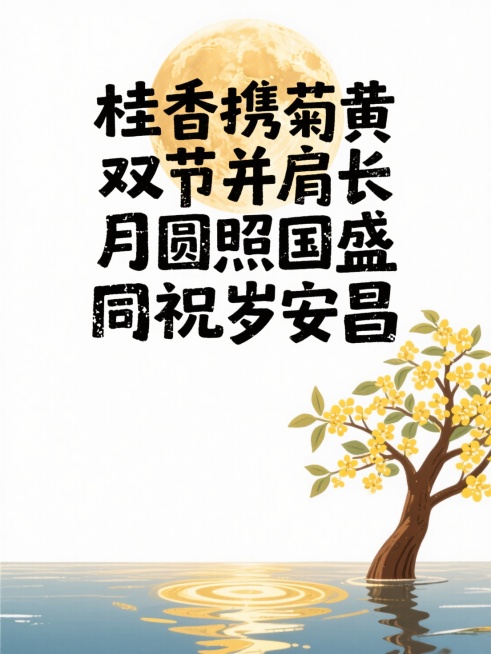 纯白色“桂香携菊黄 双节并肩长 月圆照国盛 同祝岁安昌”，底部装饰（在顶部中央有一个巨大的满月，散发出柔和的光芒。在它的下方，描绘了一个平静的水体，完美地反射了月亮，创造了一个对称的金色反射和微妙的涟预览效果
