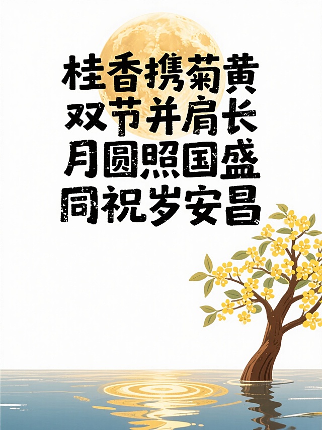 水墨风插画，大字书法与桂花树倒影相映，月圆水静，融合中式古典美学，营造中秋国庆双节的唯美感与静谧氛围。