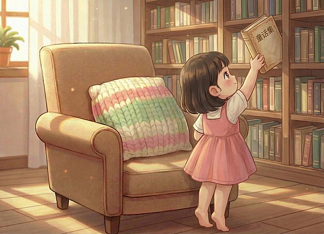 小女孩垫着脚尖从书架上抽出这本童话书