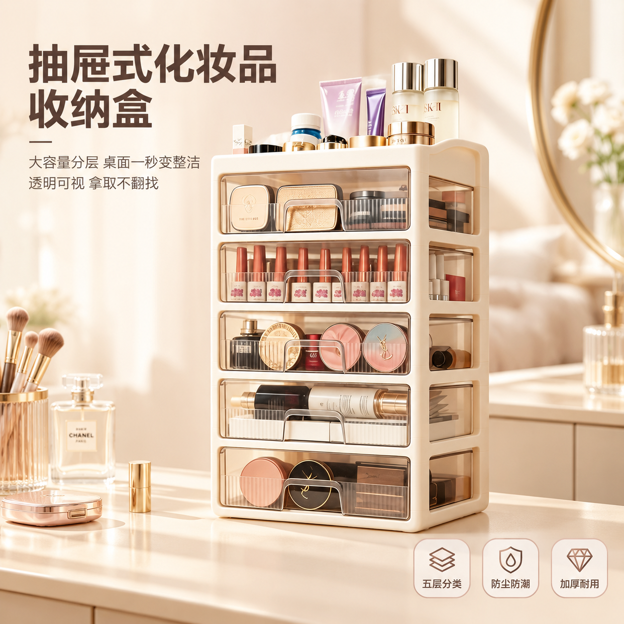 [主图-1] 奶油风抽屉式化妆品收纳盒首图，突出整洁高级的桌面… - 图片创意预览