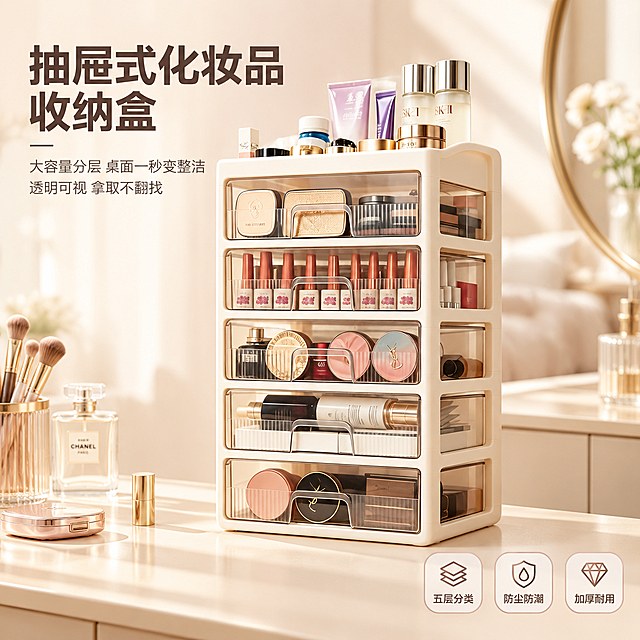 [主图-1] 奶油风抽屉式化妆品收纳盒首图，突出整洁高级的桌面收纳效果，一眼传达收完变整齐变好看的视觉冲击。
[统一基调] 整体风格为奶油暖调家居质感，背景主色为浅米白与柔雾奶咖色，标题字色为深咖棕，辅助字色为暖灰棕，强调色为柔粉金；字体为现代无衬线粗体，标题大字醒目，辅助文字缩小50%以上；卡片与图标采用圆角轻描边样式，整体干净通透有秩序感。
[画面] 产品主体为奶油白外壳+透明抽屉的五层抽屉式化妆品收纳盒，外观、结构、颜色、抽屉数量与输入图完全一致，主体占画面约70%，略微右偏放置在浅米色梳妆台桌面上；收纳盒顶部整齐摆放几瓶护肤品与香水，抽屉内分类收纳口红、粉饼、精华等化妆品，物品摆放有序不杂乱；左侧留出负空间放置主标题与卖点图标；背景为柔和虚化的卧室梳妆台场景，有自然光从左侧洒入，营造温暖整洁的家居氛围。
[光影质感] 商业摄影质感，主光来自左前方45度，光线柔和均匀，产品边缘有自然的接触阴影，透明抽屉呈现通透的亚克力质感，奶油白外壳有细腻的哑光肌理，整体光影干净不杂乱。
[配色] 背景主色浅米白+奶咖渐变，产品奶油白+透明茶色抽屉，点缀少量金色化妆品瓶盖与粉色彩妆，整体色调统一温暖。
[文字版式] 左上角主标题大字「抽屉式化妆品收纳盒」，下方两行小字「大容量分层 桌面一秒变整洁」「透明可视 拿取不翻找」；右下角配三个圆角小图标分别标注「五层分类」「防尘防潮」「加厚耐用」；文字均放在负空间不遮挡产品主体，字体统一为现代无衬线体，标题粗体深咖色，辅助文字细体暖灰色。
[输出要求] 比例1:1，2048px高清，产品清晰不变形，文字清晰可读，画面整洁有秩序；禁止变形、错字、模糊、杂乱背景、水印、平台Logo、多余杂物。