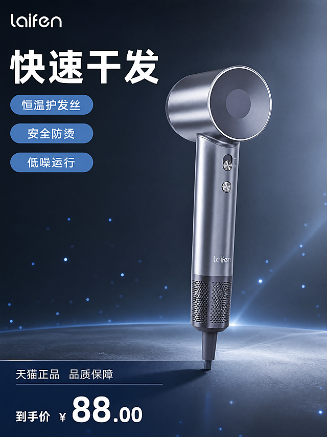 [主图-1] 高速负离子吹风机促销首图。
[氛围风格] 现代简约科技感，高端质感，专业数码风。
[画质] 商业摄影质感，光线通透干净，产品清晰真实，画面高级精致。
[元素] 灰蓝色高速吹风机居中放置，整体倾斜15度呈现，保持产品外观（物理结构、材质质感、颜色）与输入产品图绝对一致，杜绝任何变形和色差，精细化金属拉丝纹理处理。商品主体占比严格控制在60%左右，画面满屏无边框。背景为深空灰渐变科技感背景，点缀微弱蓝色粒子光效，简洁不抢产品主体。左上角保留原产品"laifen"品牌logo，放置在安全区不遮挡主体。
[光影] 主光源从左前方打亮，勾勒出机身金属轮廓高光，右侧辅光柔和补光，机身底部投影自然真实，边缘高光清晰体现金属质感。
[配色] 主色调深空灰蓝，点缀浅蓝高光，科技感十足。
[视角构图] 平视45度斜视角，景深适中，产品主体突出，轮廓完整不裁切。
[文字版式] 顶部左对齐放置大字主文案"快速干发"，使用粗体白色无衬线字体，字号最大最突出。主文案下方依次排列四个卖点胶囊标签："恒温护发丝" "安全防烫" "低噪运行"，每个标签使用浅蓝底白字圆角设计，均匀排布。底部使用通栏深蓝色半透明色块展示价格，大字白色"到手价 ¥88.00"突出显示，价格上方小字白色标注"天猫正品 品质保障"。所有文字清晰可读，与背景对比强烈。
[比例分辨率] 3:4 比例，4k 分辨率，文字清晰可辨，超高清画质。
[负向提示词] 变形，水印，文字错乱，产品图模糊，背景杂乱，价格遮挡主体，文字过小无法辨认。