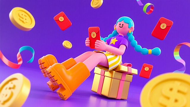 女生拿着红包坐在礼盒上，周围漂浮着金币、购物红包、彩带，干净的紫色背景
