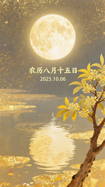 创建一个宁静和梦幻般的插图与柔和，温暖的黄色调色板。在顶部中央有一个巨大的满月，散发出柔和的光芒。在它的下方，描绘了一个平静的水体，完美地反射了月亮，创造了一个对称的金色反射和微妙的涟漪。在水的右边，预览效果