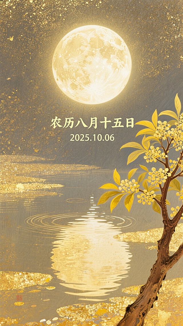 工笔插画风，鎏金岩彩点缀，静谧水面映满月，桂枝含香，古典优雅中透出中秋诗意。