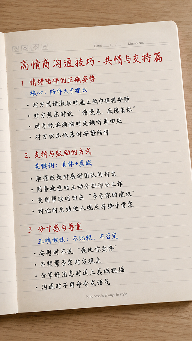 手机俯拍一张摊开的横线笔记本，浅木色桌面，自然光，米白色纸张有浅灰色横线，顶部有日期栏和备忘录栏，轻微俯拍视角，画面自然不端正，像随手拍的照片，真实纸张纹理，小红书高颜值笔记风。页面上是清晰自然的中文手写笔记，红色手写总标题写着"高情商沟通技巧·共情与支持篇"，下方分3个部分，红色手写小节标题，蓝色手写关键词，黑色手写正文。第一部分红色标题"1. 情绪陪伴的正确姿势"，蓝色写"核心：陪伴大于建议"，黑色正文分点：对方情绪激动时递上纸巾保持安静、对方焦虑时说"慢慢来，我陪着你"、对方倾诉烦恼时先倾听再回应、对方状态低落时安静陪伴。第二部分红色标题"2. 支持与鼓励的方式"，蓝色写"关键词：具体+真诚"，黑色正文分点：取得成就时感谢团队的付出、同事疲惫时主动分担部分工作、受到帮助时回应"多亏你的建议"、讨论时总结他人观点并给予肯定。第三部分红色标题"3. 分寸感与尊重"，蓝色写"正确做法：不比较、不否定"，黑色正文分点：安慰时不说"我比你更惨"、不频繁否定对方观点、分享好消息时送上真诚祝福、沟通时不用命令式语气。页面底部有一行小小的灰色英文页脚"Kindness is always in style"。整体干净真实，生活化，字迹工整清晰，红蓝黑三色分明，像学习博主认真整理的笔记。