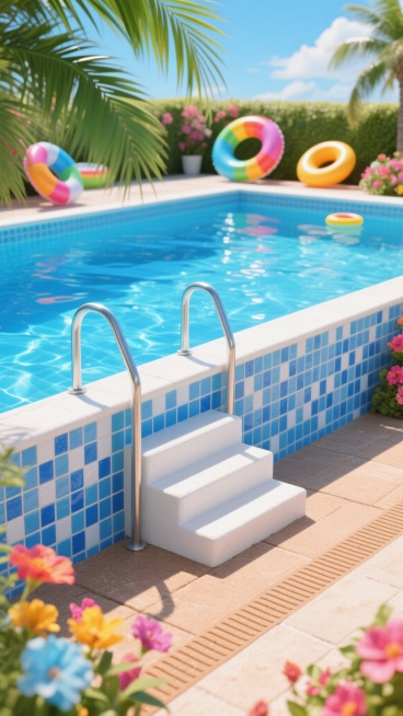夏日阳光明媚的泳池场景，清澈见底的蓝色泳池水，池壁铺着蓝白相间的马赛克瓷砖，池边设有银色金属扶手和白色台阶，池畔地面为浅棕色防滑材质，水面波光粼粼，阳光洒下形成明亮的光影效果，周围点缀着色彩鲜艳的夏日元素，如漂浮的彩色充气游泳圈、岸边的绿色棕榈叶、盛开的鲜艳花朵，营造出轻松愉悦的夏日氛围，整体画面清晰写实，色彩明亮饱和，光影对比强烈，充满夏日清凉感。预览效果