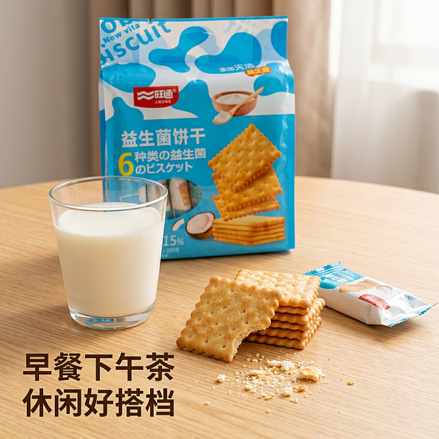 [主图 4] 益生菌饼干食用场景展示。
[氛围风格] 生活氛围感，轻松休闲，延续整体清新风格；
[画质] 商业摄影质感、光线柔和通透、产品清晰真实、画面干净高级。
[元素] 干净浅色桌面，一杯牛奶搭配几块益生菌饼干，一块饼干被咬了一口，掉下来少量饼干渣，展示酥脆口感，产品包装袋放在后方作为背景。保持产品外观与输入产品图绝对一致，杜绝任何变形和色差，精细化处理。商品主体占比严格控制在 60%-80% 之间，画面满铺无边框。
[光影] 室内柔和自然光，营造温馨休闲氛围，光线均匀通透。
[配色] 延续整体清新蓝白+暖黄色调，风格统一协调。
[视角构图] 略带俯视日常抓拍视角，生活化场景构图。
[文字版式] 左下角文字“早餐下午茶 休闲好搭档”，字体大小适中，不遮挡主体。
[比例分辨率] 1:1 比例，2k 分辨率；文字清晰锐利，画面超高清。
[负向提示词] 变形，水印，文字错乱，产品图模糊，背景杂乱，牛皮癣，配色刺眼。