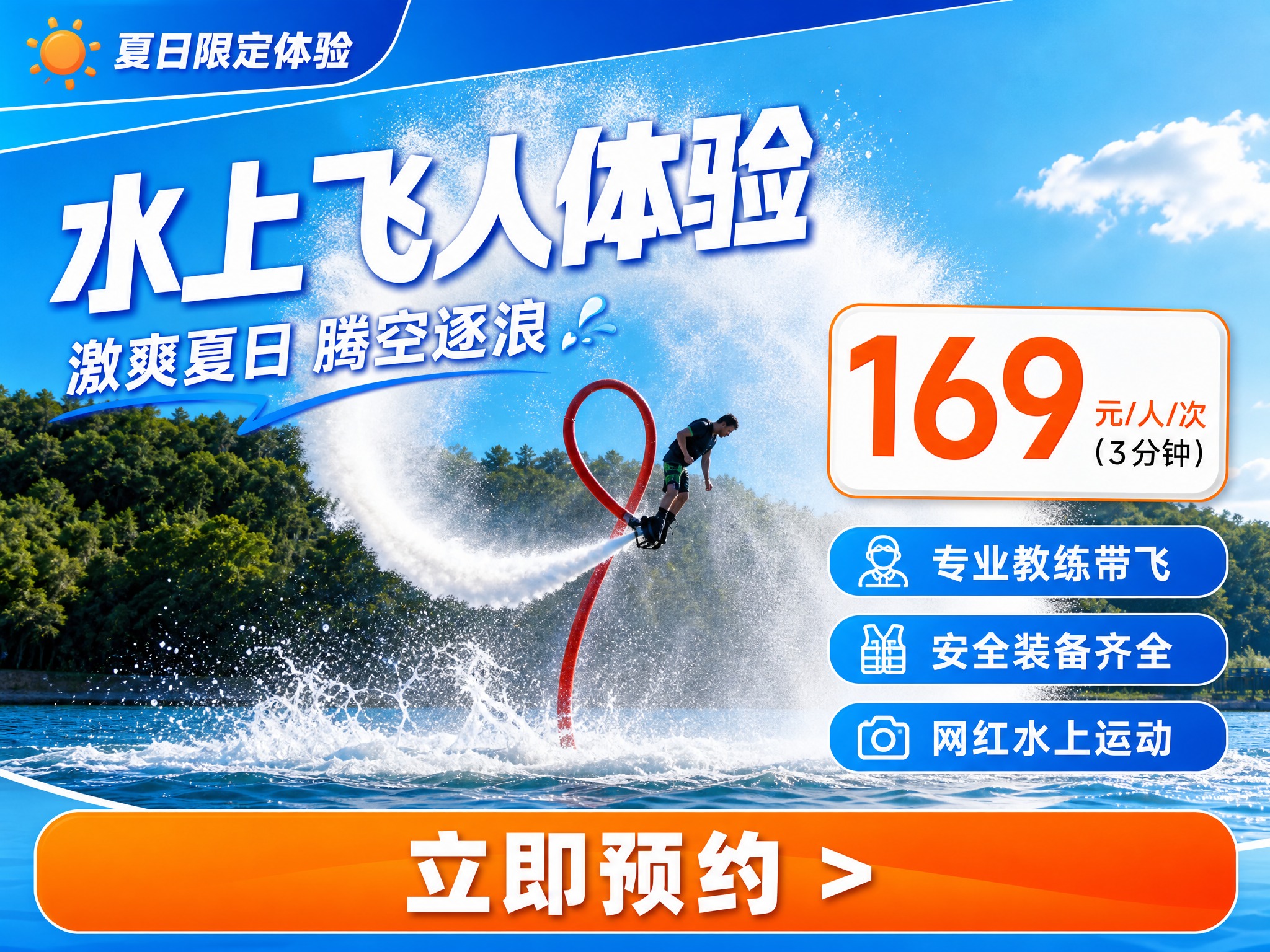 水上飞人体验项目营销海报，4:3横版比例，版式参考第二张参考图… - 图片创意预览