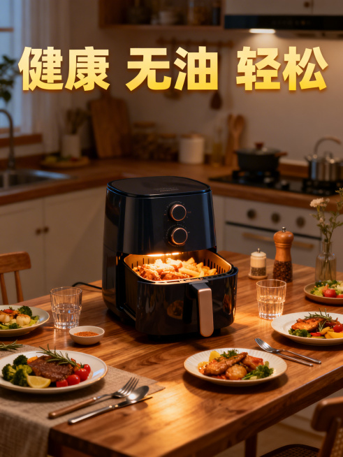高质量电商宣传图，厨房原木风餐台上摆放着空气炸锅，旁边是精致摆盘的多样菜肴、玻璃杯、餐具与厨房小物件，文字突出“无油”“健康”“轻松”，暖光照亮产品与美食，体现餐台原木纹理质感，平视中景构图聚焦空气炸预览效果