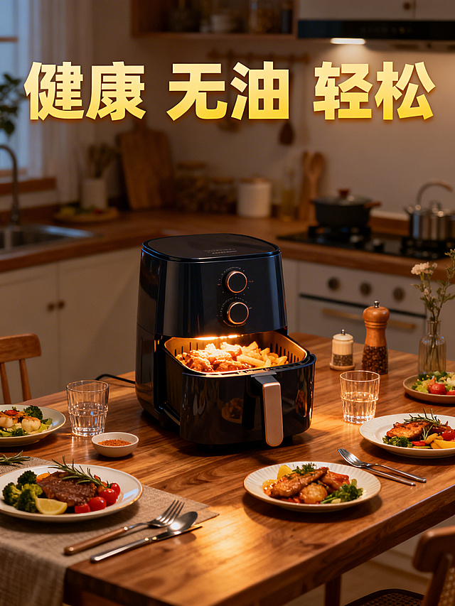 高质量电商宣传图，厨房原木风餐台上摆放着空气炸锅，旁边是精致摆盘的多样菜肴、玻璃杯、餐具与厨房小物件，文字突出“无油”“健康”“轻松”，暖光照亮产品与美食，体现餐台原木纹理质感，平视中景构图聚焦空气炸锅，营造温馨治愈精致的居家氛围，倡导高品质轻食健康生活方式