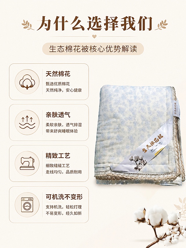 [第7屏] 产品优势，生态棉花被核心优势解读。本屏使用【图3】产品小图作为点缀。
[氛围/风格] 简约干净信息卡风格，清晰易读，温馨自然。
[元素布局] 左侧四个圆角卖点框，每个框放一个核心优势，右侧放置【图3】产品小图占比约35%，整体排版均衡，保持产品外观与原图一致。
[光影质感] 均匀柔光，无强烈阴影，文字信息清晰可读。
[配色色系] 全局底色 #f8f5f0，主色米白色，卖点框浅棕色描边，文字深棕色。
[视角构图] 正面平面排版，信息分区清晰。
[文字版式] 顶部主标题「为什么选择我们」，四个卖点分别为：「天然棉花」「亲肤透气」「精致工艺」「可机洗不变形」，每个卖点配小图标，文字清晰，排版整齐。
[比例分辨率] 3:4 竖版比例，4K 分辨率，文字清晰可辨，高清画质。
[负向提示词] 文字错乱，文字过小，产品变形，水印，背景杂乱