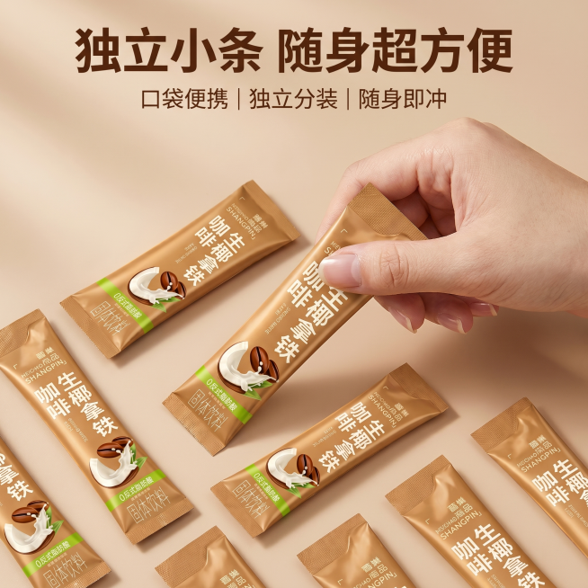 [主图 2] 生椰拿铁速溶咖啡核心卖点：独立小条 随身超方便。[氛围风格]轻奢简约风，浅咖色高级纯色背景，层次光影，写实质感高级商业拍摄，低饱和高级色调，极简构图。[画质]商业摄影质感，光线柔和通透，预览效果
