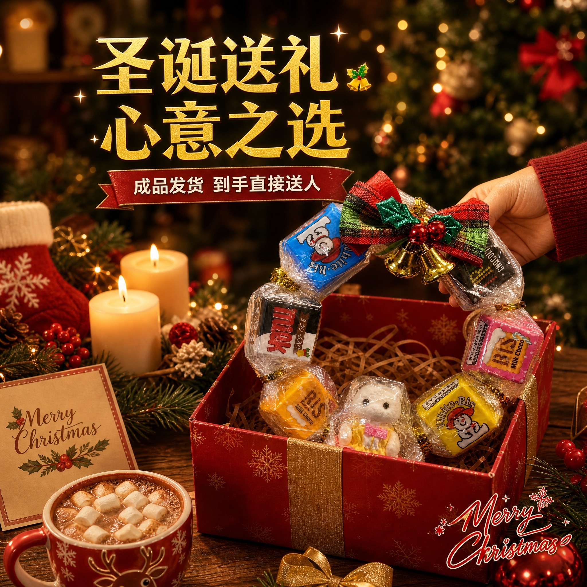 [主图-3] 圣诞巧克力花环送礼场景图，展示产品作为圣诞礼物的… - 图片创意预览