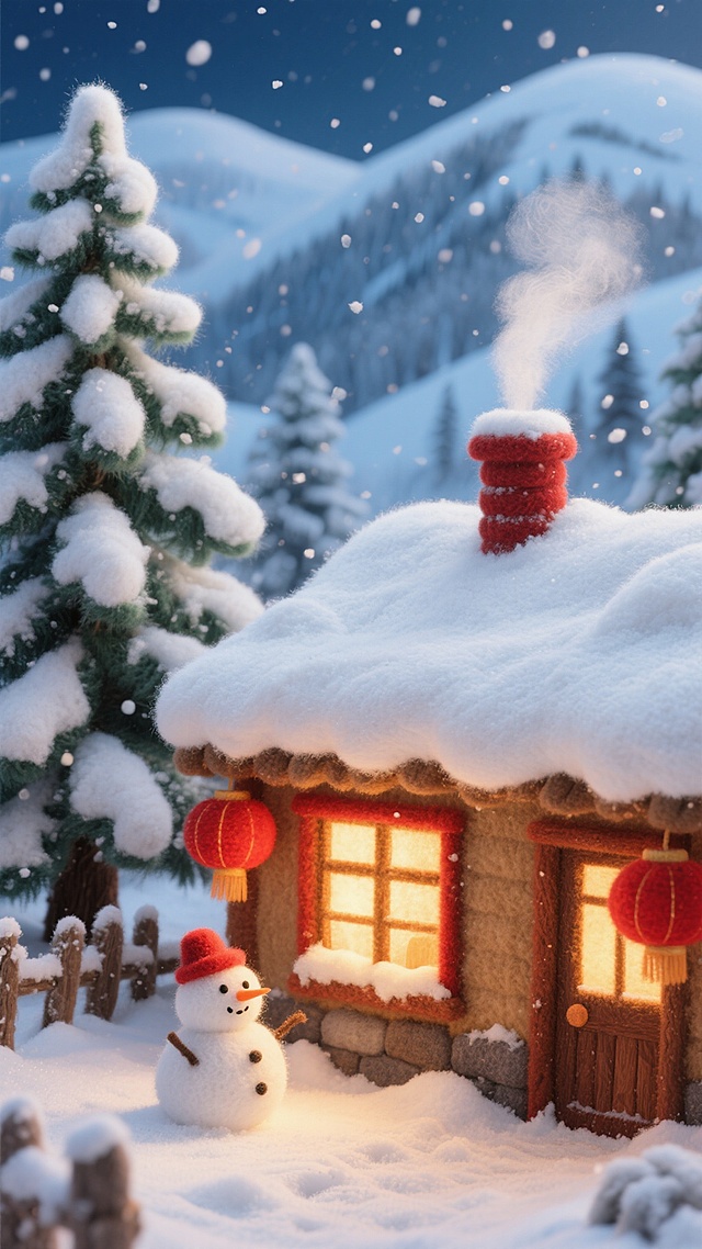 软3D风雪夜小屋，温暖灯光映衬红灯笼，雪人相伴，卡通感十足，营造温馨梦幻的冬日童话氛围。