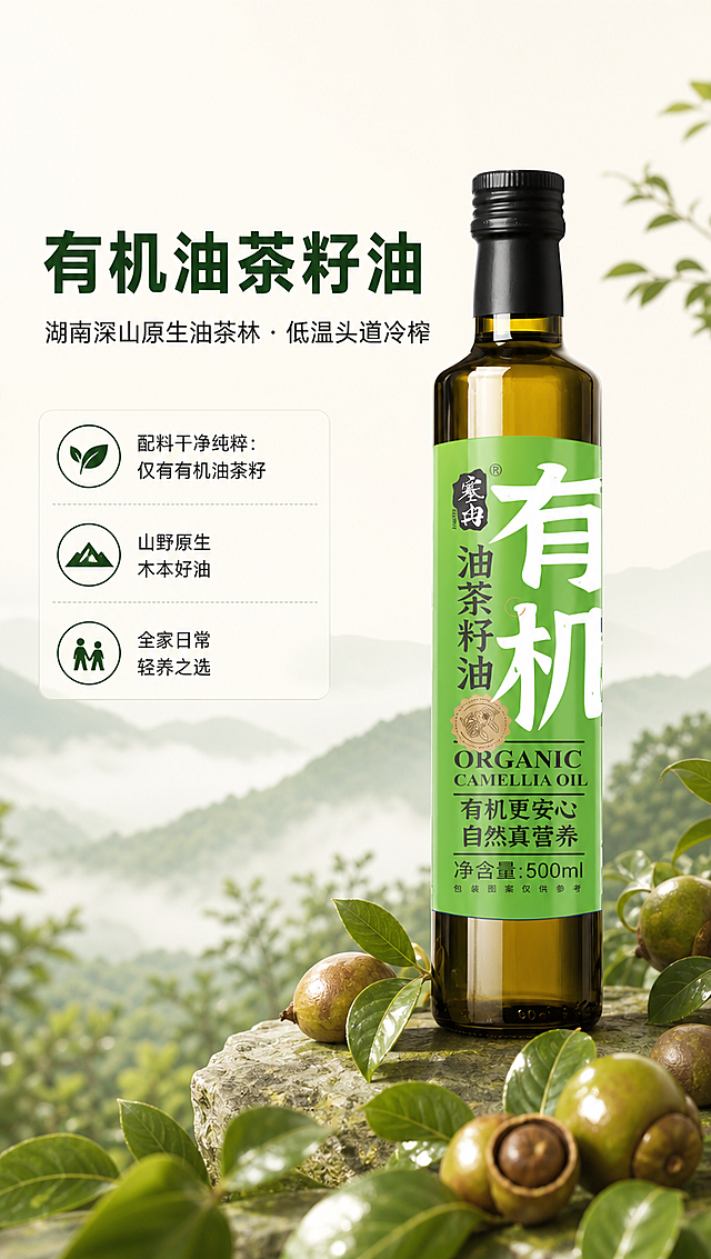 [商品] 使用【图1】塞然有机油茶籽油500ml瓶装；保留深茶色玻璃瓶身、黑色旋盖、绿色主标签及全部文字（塞然Logo、有机大字、油茶籽油、ORGANIC CAMELLIA OIL、有机更安心自然真营养、净含量500ml），保留瓶身结构比例和材质质感；产品清晰化处理，标签文字锐利可读。
[画面] 首屏主视觉海报，产品居中偏右放置，占画面约55%，瓶身微仰视角展现通透油质；左侧留白做文字区；前景点缀少量新鲜油茶果和绿叶，背景为浅米白底加极淡的山林云雾渐变，营造山野原生纯净感；前中后三层：前景油茶果/叶片、中景产品主体、后景淡云雾山影。
[视觉] 套系策略：风格=食品粮油简约干净商业摄影；标题字=现代无衬线粗黑体；正文字=简洁无衬线体；主色=自然绿+米白；背景延展=纯白/米白底，局部淡绿色渐变晕染；强调色=深森绿，仅用于小图标、引线和重点标签；标题色=深森绿；正文色=深炭灰；组件=圆角浅底信息卡、细线条分割、小图标点缀；光影=左前侧柔和自然光，瓶身有自然高光。
[文字] 左上区域文字排版，全部横排：主标题「有机油茶籽油」（大字号深森绿），副标题「湖南深山原生油茶林・低温头道冷榨」（中字号深炭灰）；下方3个短卖点icon+文字：「配料干净纯粹：仅有有机油茶籽」「山野原生木本好油」「全家日常轻养之选」；文字不遮挡瓶身主体标签。
[规格] 淘宝/天猫详情页，9:16竖版，4K分辨率，负向提示：避免变形、错字、文字过小、瓶身颜色改变、标签文字错乱、极限词、医疗功效宣称、二维码、水印。