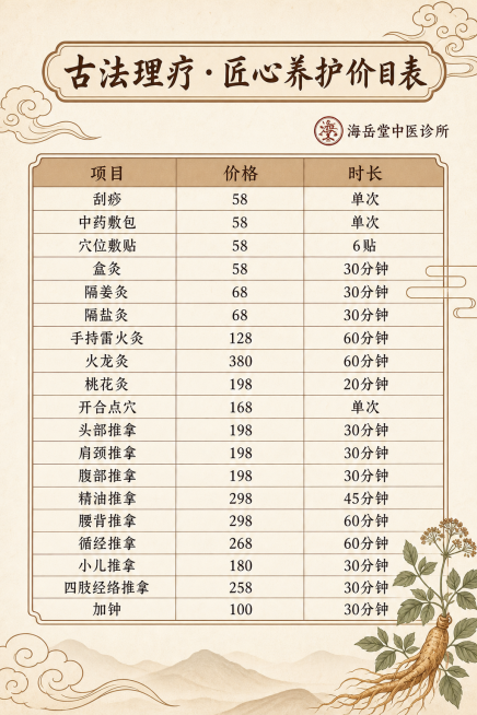 参考这张图，生成一张类似的价格清单，保持国潮古风的设计风格，浅米色背景搭配棕色祥云和中草药植物装饰，标题在顶部，表格清晰列出项目和价格，整体排版和参考图一致，风格为中式传统中医理疗价格目表预览效果