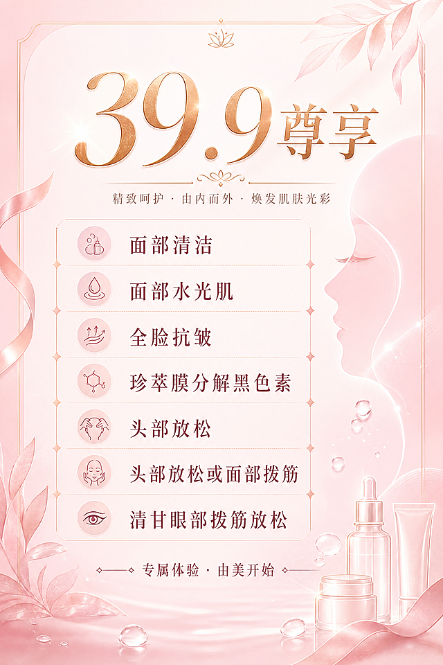 设计一张美容体验卡，尺寸比例为3:2纵向，整体风格简约轻奢，高级美容护肤风格，内容包含：
"39.9尊享"
"面部清洁"
"面部水光肌"
"全脸抗皱"
"珍萃膜分解黑色素"
"头部放松"
"头部放松或面部拨筋"
"清甘眼部拨筋放松"
将文字清晰排版在卡片上，背景采用淡粉色渐变，搭配简约美容相关装饰元素