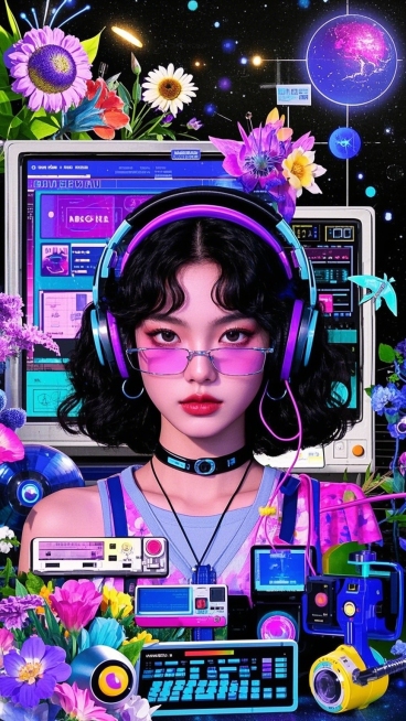 时尚的少女头像正面特写，复古未来主义，图像拼贴，图像轮廓提取，合成艺术，酸性设计，拼贴艺术，鲜花，植物元素，宇宙元素，生物元素，科技产品元素，复古电脑界面，复古工具栏，大光标，科幻，裁切感，细节精致，预览效果