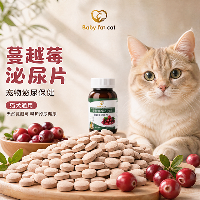 在此图基础上修改，增加前景药片颗粒数量，让更多浅棕色圆形泌尿药片在近景木质托盘上大量堆积起来，形成饱满堆积效果；将原产品瓶子缩小，放在远景后景位置，退为背景；药片作为近景主体，占据前景更大面积；保留画面中原有的新鲜红色蔓越莓果实、猫咪、顶部Logo和所有文案信息，保持文字内容和位置不变，保持浅米暖调温馨氛围，保持整体光影柔和通透，分辨率4K，文字清晰可辨，不改变原产品瓶子标签和Logo细节