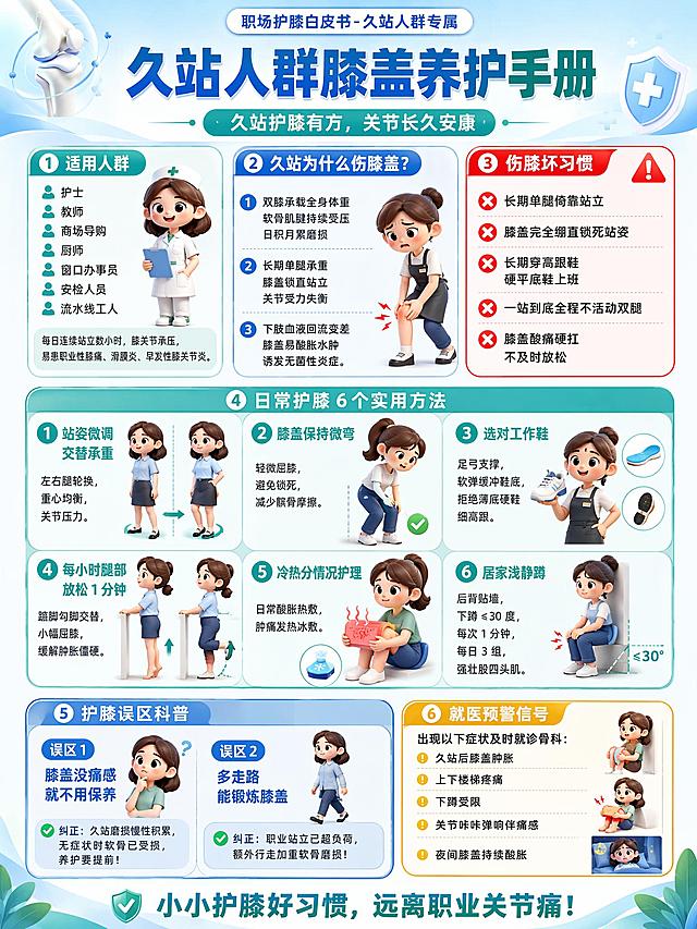 一张竖版3:4比例的健康科普海报，主题为久站人群膝盖养护手册，整体风格清新专业的医疗健康风，蓝绿色主色调搭配白色浅灰背景，红色警示框、黄色提示框点缀，版式精美分区清晰，去除所有二维码。

顶部区域：最上方小字标签"职场护膝白皮书-久站人群专属"，中间大主标题"久站人群膝盖养护手册"，下方副标题"久站护膝有方，关节长久安康"，浅蓝渐变背景衬托。

左上角板块1 适用人群：圆角卡片，标题"适用人群"，列出护士、教师、商场导购、厨师、窗口办事员、安检人员、流水线工人，小字说明每日连续站立数小时膝关节承压易患职业性膝痛滑膜炎早发性膝关节炎。

板块2 久站为什么伤膝盖：标题"久站为什么伤膝盖？"，3点带序号：1.双膝承载全身体重软骨肌腱持续受压日积月累磨损 2.长期单腿承重膝盖锁直站立关节受力失衡 3.下肢血液回流变差膝盖易酸胀水肿诱发无菌性炎症。

板块3 伤膝坏习惯红色警示框：红色边框圆角框，标题"伤膝坏习惯"，5条带叉号：长期单腿倚靠站立、膝盖完全绷直锁死站姿、长期穿高跟鞋硬平底鞋上班、一站到底全程不活动双腿、膝盖酸痛硬扛不及时放松。

中部核心板块4 日常护膝6个实用方法：大标题"日常护膝6个实用方法"，3行2列卡片网格，每张卡片带序号圆形图标和3D立体Q版卡通人物小插画（圆润可爱的3D风格展示动作）：1.站姿微调交替承重-左右腿轮换重心均衡关节压力 2.膝盖保持微弯-轻微屈膝避免锁死减少髌骨摩擦 3.选对工作鞋-足弓支撑软弹缓冲鞋底拒绝薄底硬鞋细高跟 4.每小时腿部放松1分钟-踮脚勾脚交替小幅屈膝缓解肿胀僵硬 5.冷热分情况护理-日常酸胀热敷肿痛发热冰敷 6.居家浅静蹲-后背贴墙下蹲≤30度每次1分钟每日3组强壮股四头肌。

板块5 护膝误区科普：标题"护膝误区科普"，两个误区卡片：误区1膝盖没痛感就不用保养-纠正久站磨损慢性积累无症状时软骨已受损养护要提前 误区2多走路能锻炼膝盖-纠正职业站立已超负荷额外行走加重软骨磨损。

板块6 就医预警信号黄色提示框：黄色边框圆角框，标题"就医预警信号"，内容出现以下症状及时就诊骨科：久站后膝盖肿胀上下楼梯疼痛下蹲受限关节咔咔弹响伴痛感夜间膝盖持续酸胀。

底部收尾标语："小小护膝好习惯，远离职业关节痛！"居中。

所有人物为3D立体Q版圆润卡通风格，色彩明快可爱。整体版式精美文字清晰，四周留安全边距，所有信息区域填充完整无空白，数字精确渲染，无二维码。