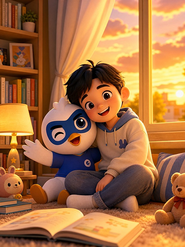 3D卡通风格，基于参考图中的蓝白小鸟IP信小服创作。画面中心是一个小学生和信小服亲密地靠在一起，小学生笑容温暖，信小服也开心地张开翅膀，两人坐在温馨的房间窗边，夕阳的暖光洒进来。周围有柔软的地毯、小台灯、书架和毛绒玩具，窗外是金色的晚霞。整体画面充满满满的欢乐和暖暖的温馨感，体现信小服一直陪伴在小学生身边的温暖主题。画面空间连贯不做左右分割构图，3D立体皮克斯风格，质感细腻柔和，暖黄色调，光影温馨治愈