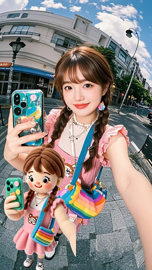 3D毛绒毛毡卡通风格，多巴胺穿搭，棕色头发，圆圆脸的女孩，肉肉的，穿着粉色色的小裙子，背着七彩色的小包包，可爱，完整的手臂