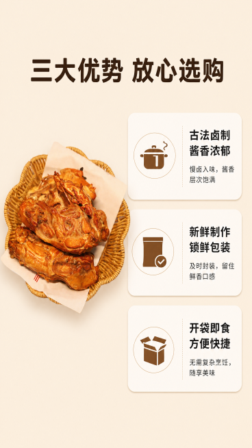 [第6屏] 核心卖点拆解屏-选择我们的三大理由。
[氛围/风格] 清晰信息风，暖调简约，层次分明。
[元素布局] 页面顶部放置主标题，中部放整只烤鸡架，本屏使用【图1】作为烤鸡架主体，烤鸡架占画面左侧预览效果