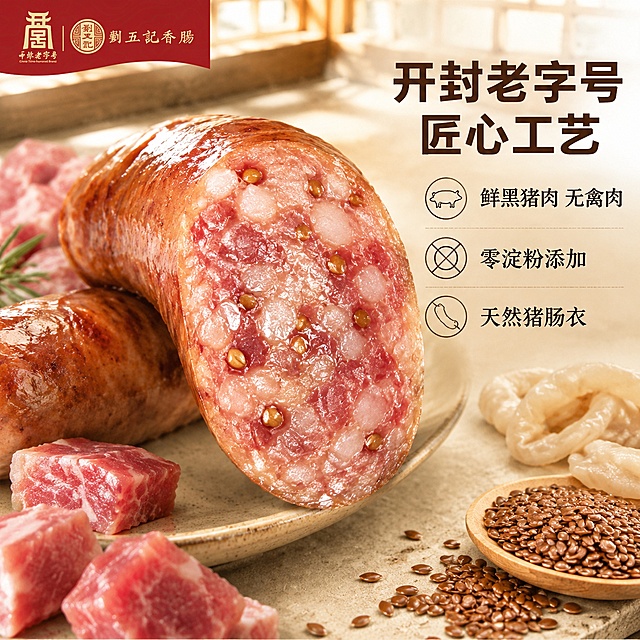 电商主图第二张，黑猪肉香肠原料与工艺信任图。画面中央是切开的香肠截面微距特写，肉粒饱满粉嫩、夹杂金黄亚麻籽颗粒，肠衣薄而透亮，周围散落新鲜黑猪肉块、亚麻籽、天然猪肠衣原料示意。背景为浅米色厨房台面，上方有老作坊木窗透进的柔光，营造匠心手作氛围。右侧配文：「开封老字号 匠心工艺」主标题粗体，下方分三行短句「鲜黑猪肉 无禽肉」「零淀粉添加」「天然猪肠衣」，每行前配小图标。左上角保留品牌Logo。俯视45度角，微距纹理清晰，肉汁光泽自然，暖色调。商品主体占比约65%，1:1正方形构图，文字清晰可读。负向提示：变形 文字错乱 产品模糊 背景杂乱 水印 电商平台Logo