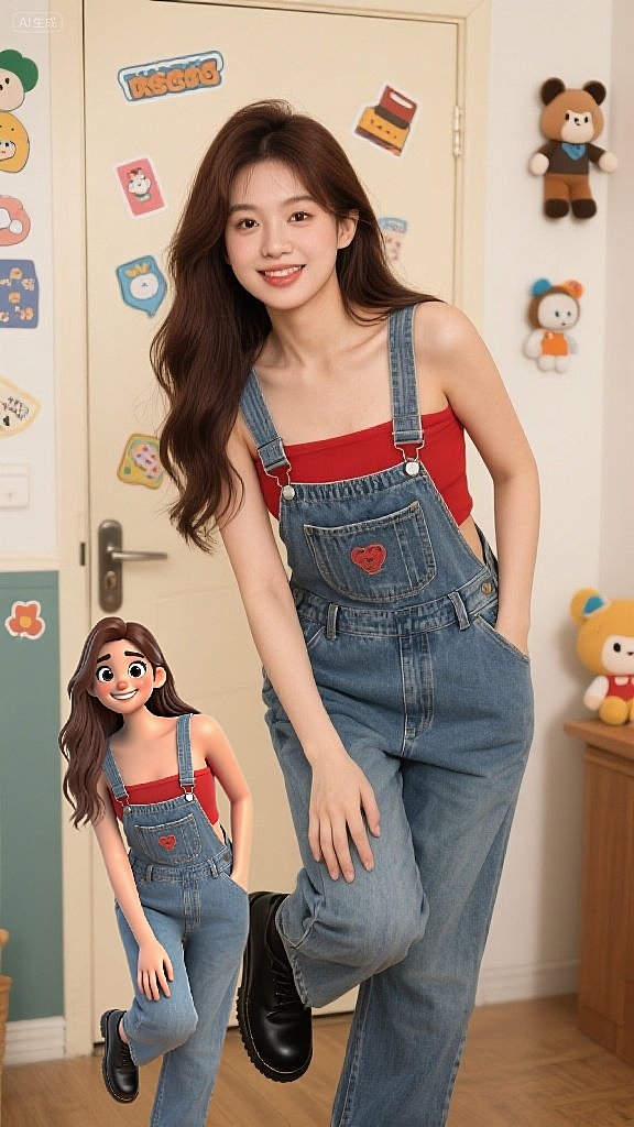 3DQ版，将照片中的人生成为3D风格贴纸头像。模仿形体，脸型，肤色、五官表情。图中人物面部装饰，发型以及发饰，服装，配饰、表情、姿势保持一致。背景白底，只要完整人物，确保最终图像看起来像官方的iOS表情符号贴纸。