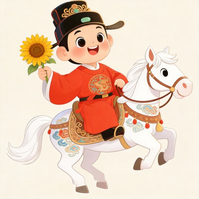 以参考图为原型，人物手上加一朵葵花，马变成白马，马身上添加中式花纹预览效果