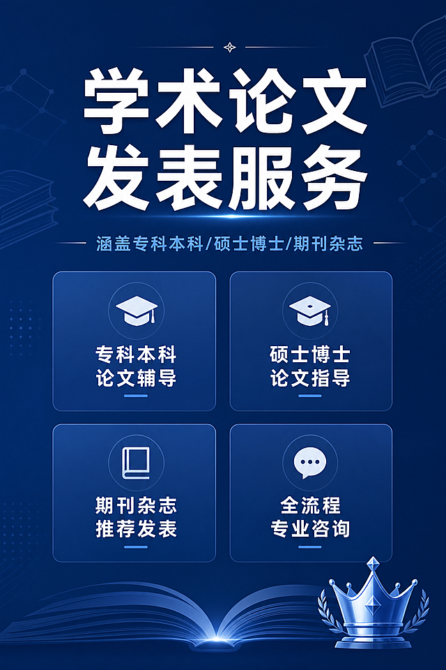 [第1屏] 论文服务宣传海报，提供论文博硕、硕士博士、专科本科学术辅导，包含期刊杂志发表咨询服务。
[氛围/风格] 专业简洁商务风，深蓝色背景，简洁现代设计，专业商务质感，清晰可信的学术服务氛围。
[元素布局] 画面主体居中展示服务名称，上方保留标题区域，下方展示服务分类。整体构图饱满，主体文字清晰突出，背景搭配浅灰学术线条底纹和书本抽象图形装饰，不抢主体焦点。
[光影质感] 中心光源柔和均匀照亮主标题和服务分类，整体明暗过渡自然，文字清晰，背景干净通透。
[配色色系] 全局底色：#0F2C56（深蓝）；主体配色：#FFFFFF（主文字白）；辅助色：#4A89DC（浅蓝装饰）。
[视角构图] 正面居中构图，文字从上到下排版，符合手机阅读动线，主标题占画面上方1/3，服务分类分区域展示在中下部。
[文字版式] 主标题："学术论文发表服务" 白色大字，居中，字号占画面宽度12%；副标题："涵盖专科本科/硕士博士/期刊杂志" 浅蓝小字，主标题下方居中。中部四个信息卡片："专科本科论文辅导" "硕士博士论文指导" "期刊杂志推荐发表" "全流程专业咨询"，每个卡片白色文字配浅蓝半透明底，两排两列排版，文字清晰，不拥挤，上下预留边距。右下角点缀小型学术皇冠图标，不遮挡文字。
[比例分辨率] 比例2:3，分辨率2K，文字清晰可辨，超高清。
[负向提示词] 文字错乱，文字模糊，排版拥挤，颜色偏差，变形，水印，第三方联系方式，绝对化词语，背景杂乱。