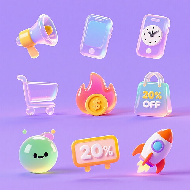 软3D风设计，可爱卡通元素，塑料质感图标，节日促销氛围。