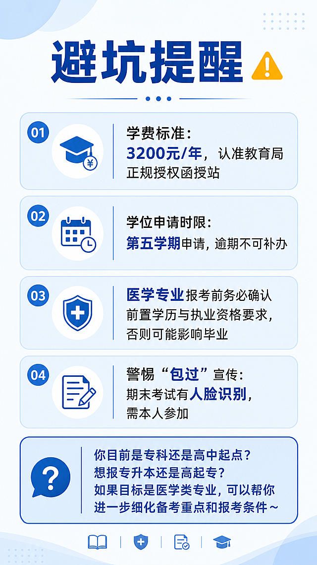 制作一张教育科普图文，和前面保持统一浅蓝简约干净风格，包含完整文案：避坑提醒 ⚠️ 学费标准：3200元/年，认准教育局正规授权函授站 ⚠️ 学位申请时限：第五学期申请，逾期不可补办 ⚠️ 医学专业报考前务必确认前置学历与执业资格要求，否则可能影响毕业 ⚠️ 警惕“包过”宣传：期末考试有人脸识别，需本人参加
结尾提问：你目前是专科还是高中起点？想报专升本还是高起专？如果目标是医学类专业，可以帮你进一步细化备考重点和报考条件～，文字排版清晰，分板块设计，所有文案完整保留