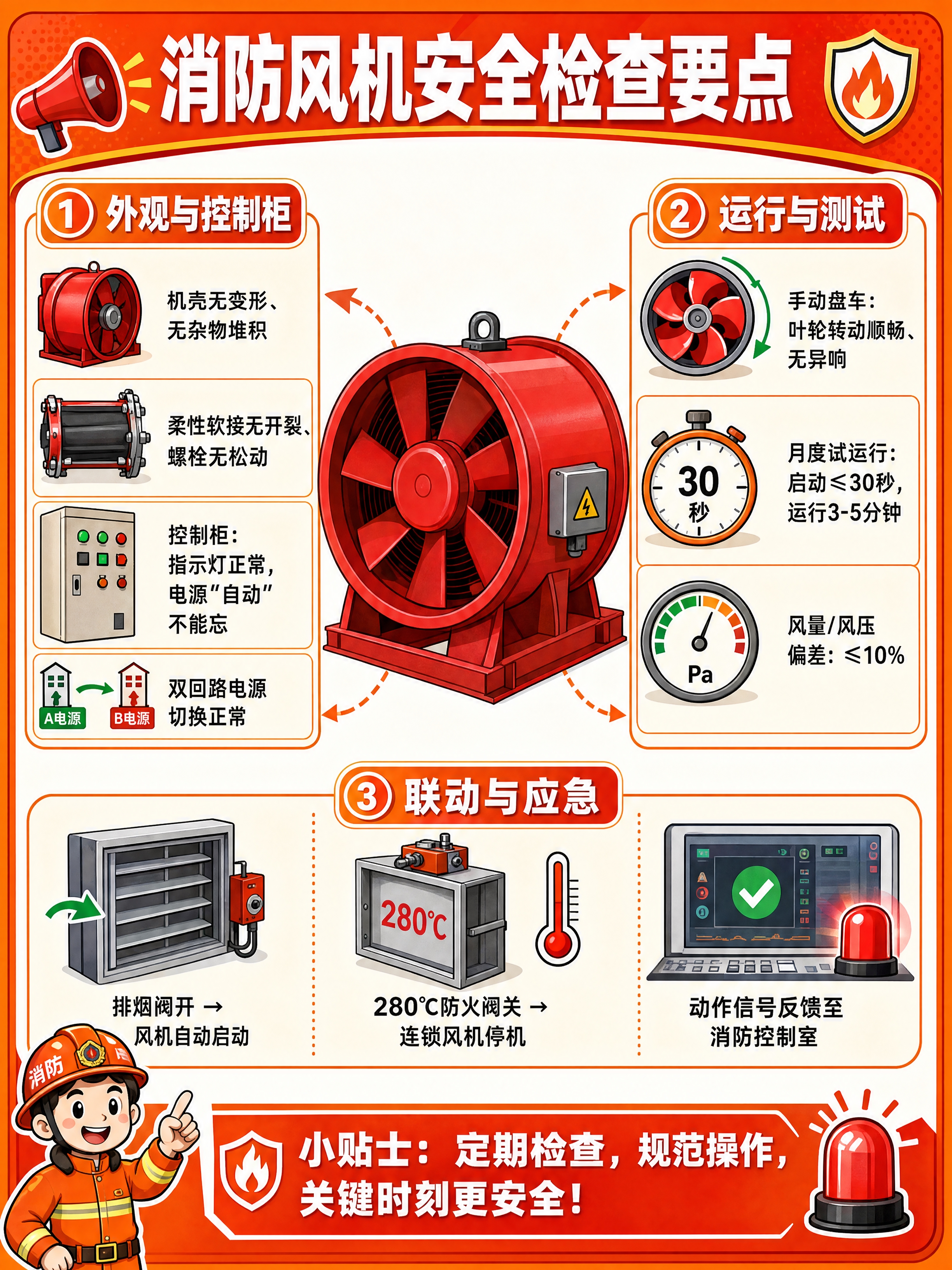 参考图的版式骨架和橙红消防主题风格，将内容替换为消防风机安全检… - 图片创意预览