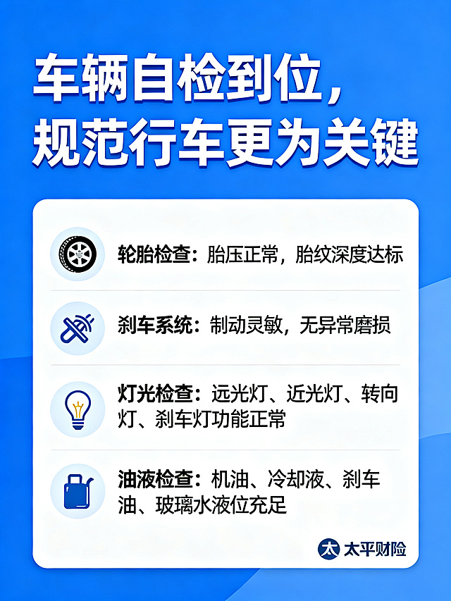 节假日高速规范行车安全提示图，标题“车辆自检到位，规范行车更为关键”，清晰列出节假日行车安全准则要点，整体蓝白简约设计风格，太平财险品牌色调，专业干净适合推文插图，只展示安全提示不刻画事故场景