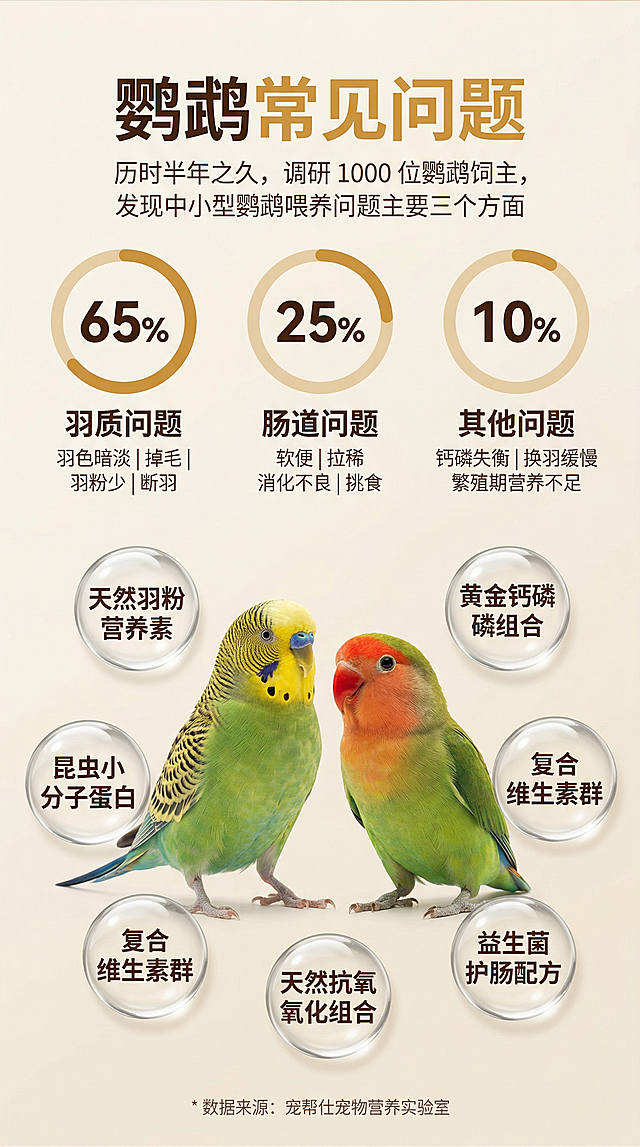 高端温馨宠物商业摄影风格，柔和自然的影棚光影，画面干净通透，细节拉满。画面顶部居中排版：超大号加粗深暖棕主标题 “鹦鹉常见问题”，其中 “常见问题” 为焦糖黄字体；标题下方居中放置浅暖灰细体副标题 “历时半年之久，调研 1000 位鹦鹉饲主，发现中小型鹦鹉喂养问题主要三个方面”。标题下方为三个等宽并列的圆形进度条数据模块，从左到右依次为：焦糖黄圆形进度条搭配深暖棕大号数字 “65%”，下方深暖棕文字 “羽质问题”，再下方浅暖灰小号文字 “羽色暗淡 | 掉毛 | 羽粉少 | 断羽”；焦糖黄圆形进度条搭配深暖棕大号数字 “25%”，下方深暖棕文字 “肠道问题”，再下方浅暖灰小号文字 “软便 | 拉稀 | 消化不良 | 挑食”；焦糖黄圆形进度条搭配深暖棕大号数字 “10%”，下方深暖棕文字 “其他问题”，再下方浅暖灰小号文字 “钙磷失衡 | 换羽缓慢 | 繁殖期营养不足”。画面中间主体为一只虎皮鹦鹉 + 一只牡丹鹦鹉，站姿灵动，神态活泼可爱，羽毛蓬松有光泽；鹦鹉周围均匀环绕 6 个带高光的透明玻璃质感气泡标签，分别标注深暖棕文字 “天然羽粉营养素”“黄金钙磷组合”“昆虫小分子蛋白”“复合维生素群”“天然抗氧化组合”“益生菌护肠配方”。画面最底部为左对齐的浅暖灰小号备注文字 “* 数据来源：宠帮仕宠物营养实验室”。整体画面温馨专业，痛点清晰，符合高端电商详情页设计标准，色调风格跟上一屏保持一致。