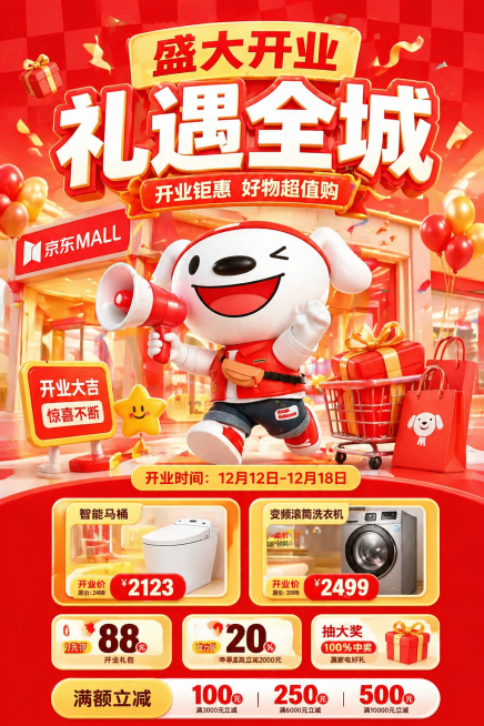 参考原图的3D卡通风格和红黄色调配色，保留京东狗形象，重新生成京东开业宣传海报，主题改为"盛大开业，礼遇全城"，移除所有水印预览效果