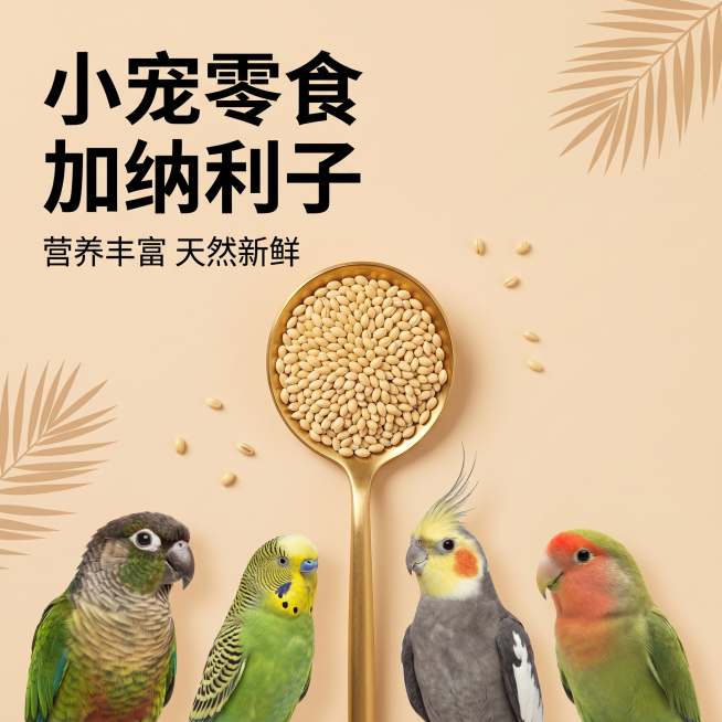 1:1 正方形，小宠零食电商卖点海报，高清静物加宠物摄影，全系列统一杏米色视觉体系，与前两张色彩风格零偏差统一。画面左上角为超大号加粗黑体主标题"小宠零食 加纳利子"，主标题下方搭配副标题"营养丰富预览效果